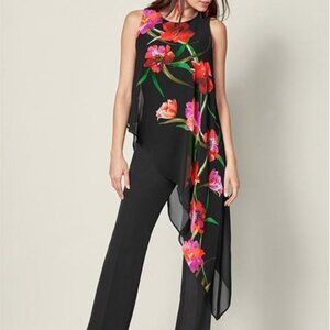Womens Plus Size 24 VENUS Black Floral Asymmetric Chiffon Drape Overlay Jumpsuit